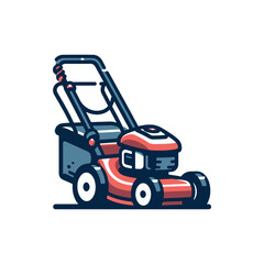 A vibrant, illustrated lawn mower parked on a green lawn with a clear blue sky in the background