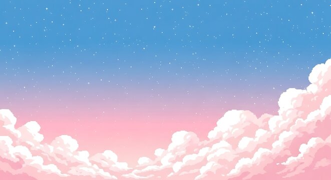 Pixel art dreamy sky with fluffy clouds and stars