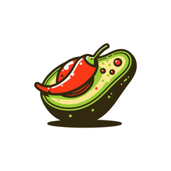 A vibrant illustration of an avocado with a red chili pepper on top, showcasing fresh ingredients