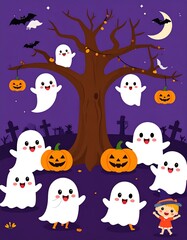 Fototapeta premium Cute ghosts under a spooky tree at night
