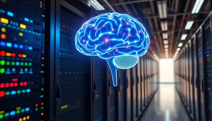 AI agent digital brain glowing over server racks, data center background, computation, deep learning