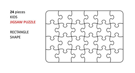 Jigsaw puzzle blank template. Cutting lines grid design for kids jigsaw rectangle puzzle - 24 pieces.