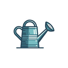 A vibrant watering can positioned on a surface, surrounded by greenery and gardening tools