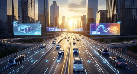 Futuristic city highway with autonomous cars and digital displays