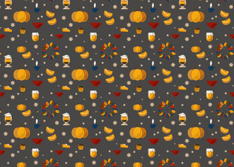 Autumn seamless pattern with cartoon pumpkin, coffee, pie, and fall leaves design for Thanksgiving.
