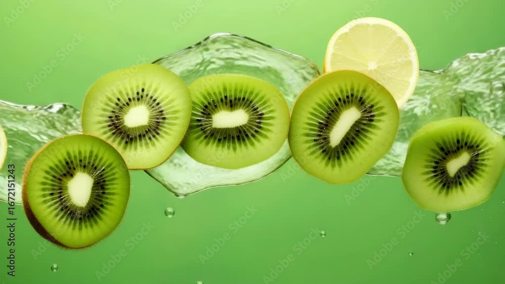 Poster fresh kiwi and lemon slices splashing in refreshing water creating vibrant visuals