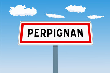 Perpignan city sign in France. City limit welcome road sign.