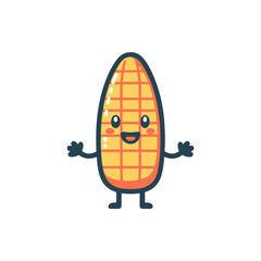 Cheerful cartoon corn character with arms and legs, smiling against a plain white background