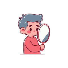 A young boy gazes into a mirror, reflecting curiosity and self-discovery in a simple setting