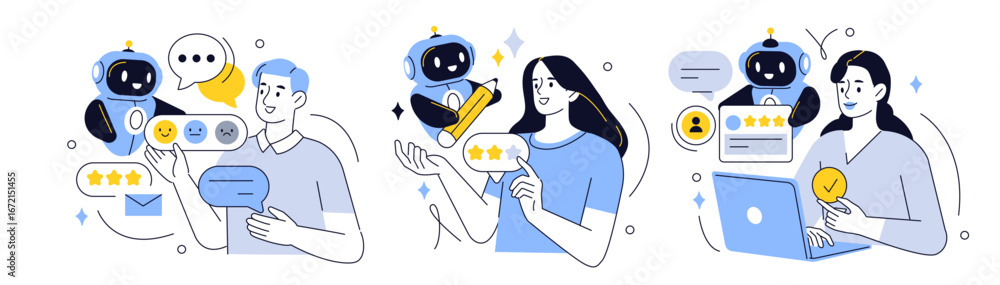 Poster feedback set. characters use artificial intelligence to give review, fill survey form, analyze custo
