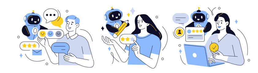 Fototapeta na wymiar Feedback set. Characters use artificial intelligence to give review, fill survey form, analyze customer satisfaction, quality. User experience concept. Vector illustration.
