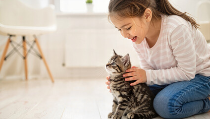 Fototapeta na wymiar Girl petting kitten on floor at home