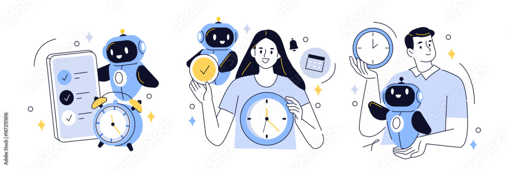 Aufkleber time management set. characters using artificial intelligence generative tools to manage, prioritize