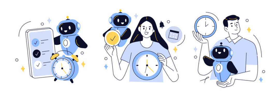 Time management set. Characters using artificial intelligence generative tools to manage, prioritize, delegate tasks and schedule. Business and organization concept. Vector illustration.