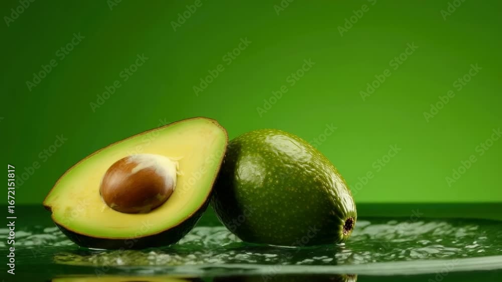 Poster Fresh avocado splashes in water creating dynamic droplets in vibrant green setting
