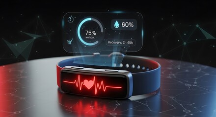 Futuristic fitness tracker displays health data with glowing heartbeat