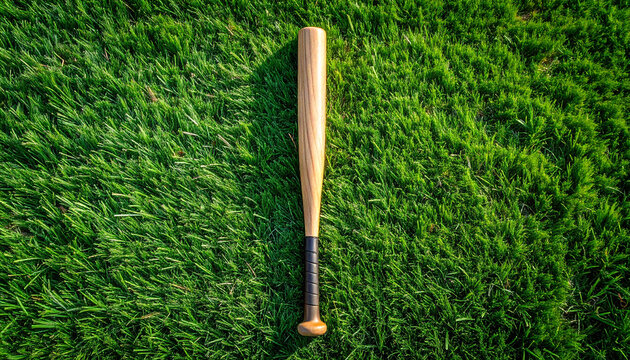 Wooden baseball bat on lush green grass. Sport game. Top view.