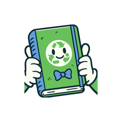 Cartoon character holding a green book with a recycling symbol, promoting eco-friendly reading