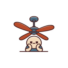 Cartoon character looking bored under a ceiling fan in a simple interior setting