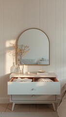 Pastel dresser drawer slightly open folded fabrics inside mirror above glowing faintly with soft morning light