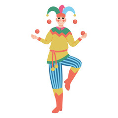 A jester dances and juggles. Russian costume.