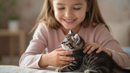 Obraz premium Girl hugging kitten with love