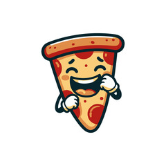 Cartoon pizza slice character with a joyful expression, set against a simple white background