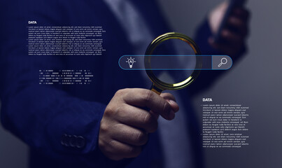 AI-powered data analysis. A businessman uses a magnifying glass to explore complex big data, representing innovation and smart technology for business insights.