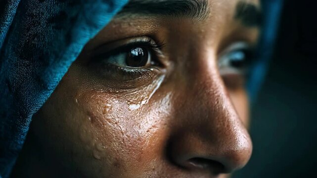 Close-up of crying Muslim woman face in sadness, young female experiencing grief and emotional stress, tears in her eyes