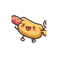 Cartoonish hot dog character joyfully holding a sausage, set against a plain white background