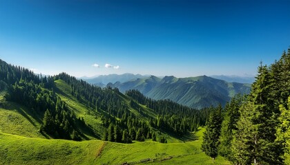 Obraz premium A stunning green mountain range stretches across the horizon, dotted with clusters of vibrant trees. The lush foliage contrasts beautifully against the clear blue sky, 