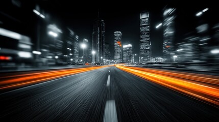 夜の都市高速道路を疾走する車の光跡と高層ビル群 | Light Trails of Cars on Urban Expressway at Night with Skyscrapers