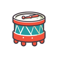 Colorful illustration of a drum with a drumstick, set against a simple white background, ideal for music-themed designs