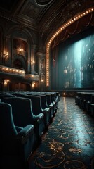 Elegant vintage theater with ornate architecture and illuminated stage ready for a performance in the evening