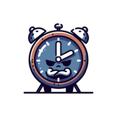 Cartoon-style angry alarm clock with a frowning face, emphasizing urgency and frustration in a simple design