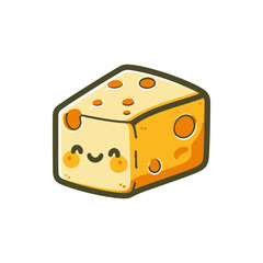Cartoon-style illustration of a smiling cheese block with holes, set against a simple white background