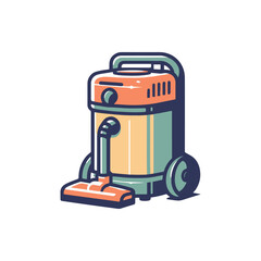 Colorful illustration of a vacuum cleaner on wheels, set against a minimalistic background