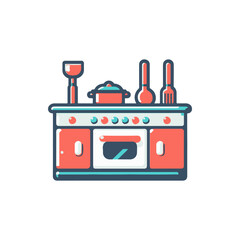 Colorful kitchen scene with cooking utensils and a pot on a stove, vibrant and inviting atmosphere