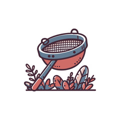 Colorful kitchen strainer surrounded by vibrant plants in a whimsical garden setting