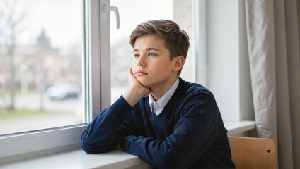 Thoughtful boy looking out window