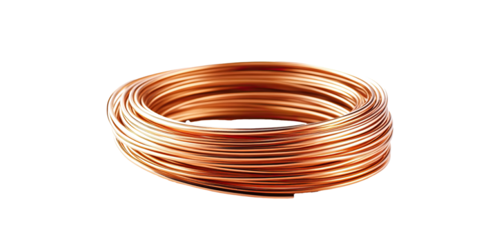 Rolled copper cable isolated on white background for electrical applications