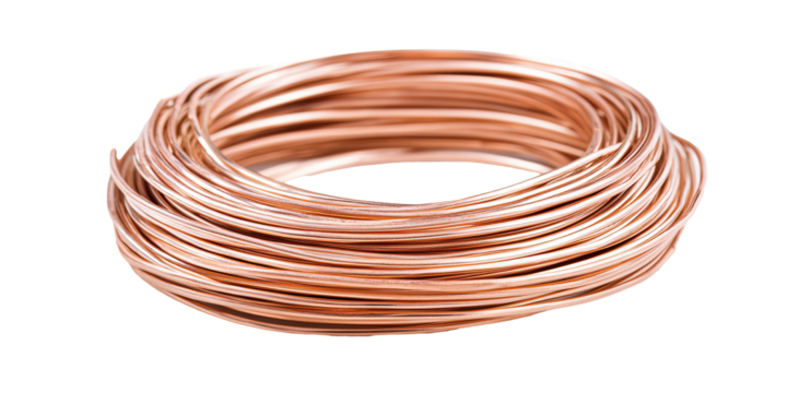 Coil of copper wire isolated on white transparent background for construction and industrial use