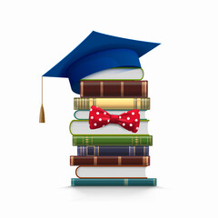 Stack of books with graduation cap on top. Isolated on white background. Vector illustration