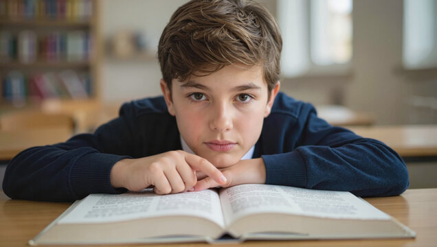 Schoolboy resting head on open book