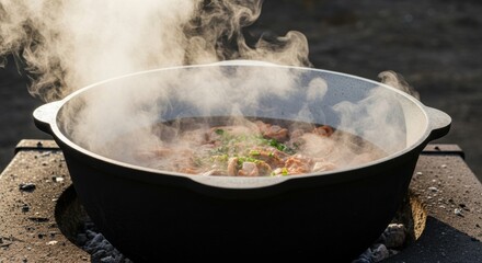 Hearty stew simmering in cast iron pot on outdoor campfire stove