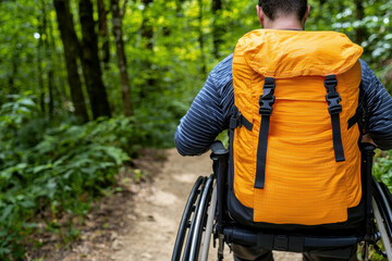 Wheelchair forest trail backpack orange travel adventure disability lifestyle nature