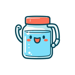 Cheerful cartoon water jar with a smiling face and flexed arm, set against a plain background