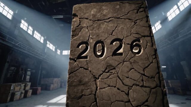 The Number 2026 Cracked and Displayed on Large Stone Slab Inside Spacious Warehouse