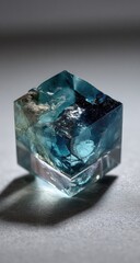 A translucent blue cube encasing textured gray elements on a gradient background