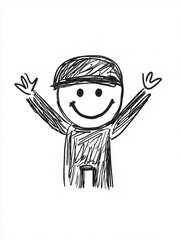 Stick-figure soldiers with big smiles stand together, holding rifles. They are  ready for action with a cheerful spirit.